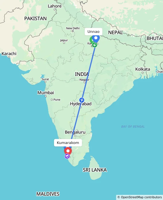Route map showing distance and travel time from Unnao, India to Kumarakom, India