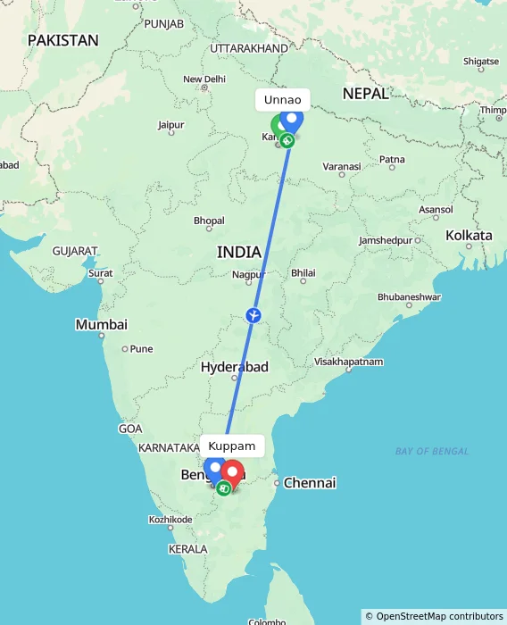 Route map showing distance and travel time from Unnao, India to Kuppam, India