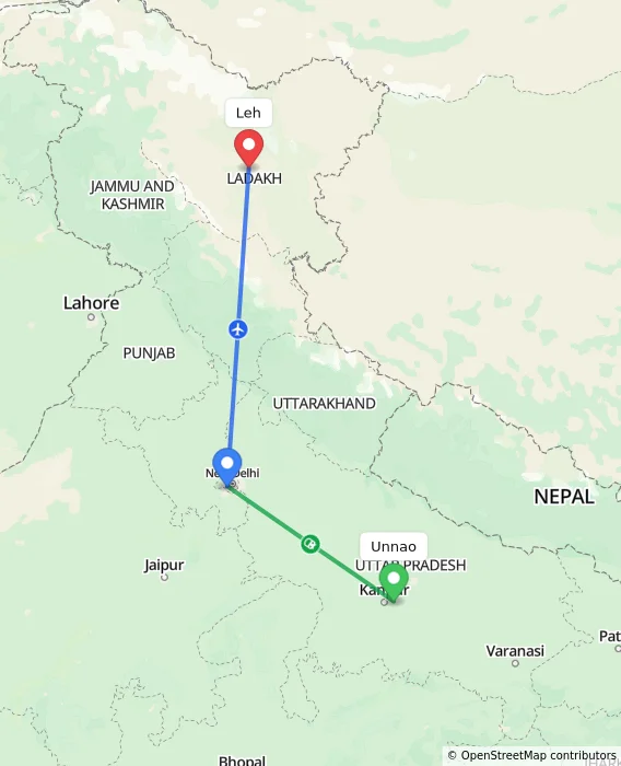 Route map showing distance and travel time from Unnao, India to Leh, India