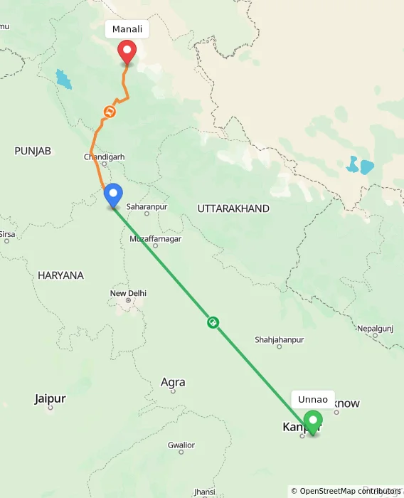 Route map showing distance and travel time from Unnao, India to Manali, India
