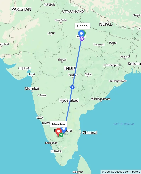 Route map showing distance and travel time from Unnao, India to Mandya, India