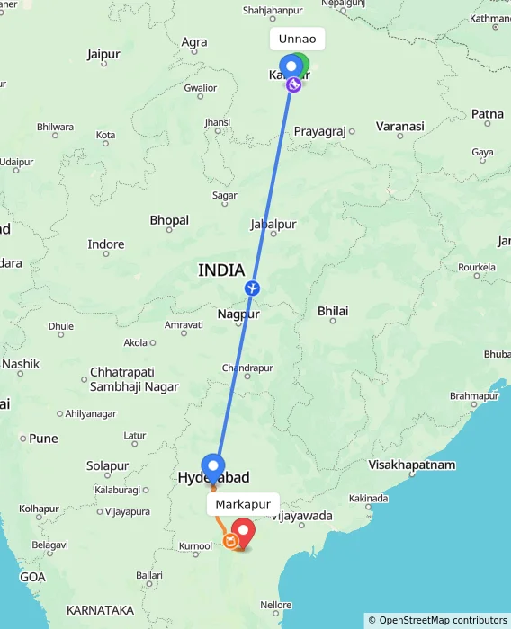 Route map showing distance and travel time from Unnao, India to Markapur, India