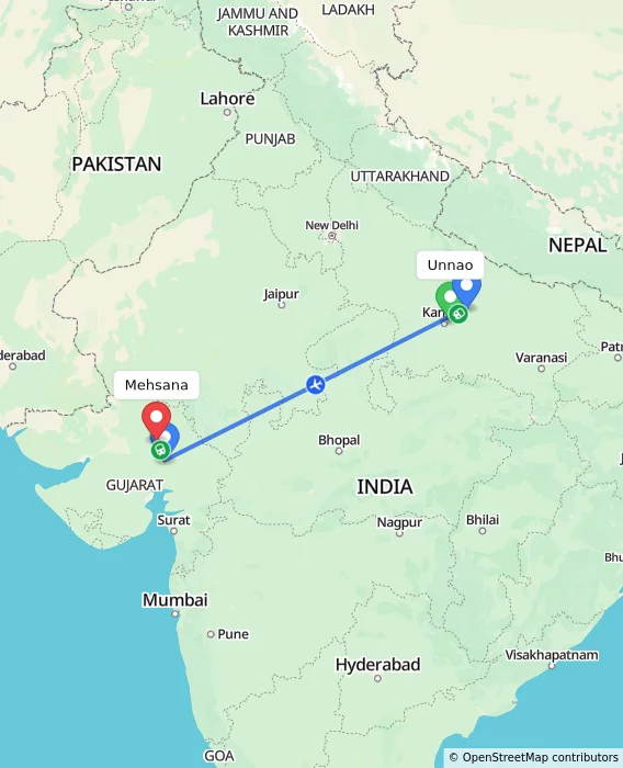 Route map showing distance and travel time from Unnao, India to Mehsana, India
