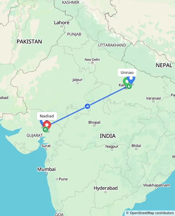 Route map showing distance and travel time from Unnao, India to Nadiad, India