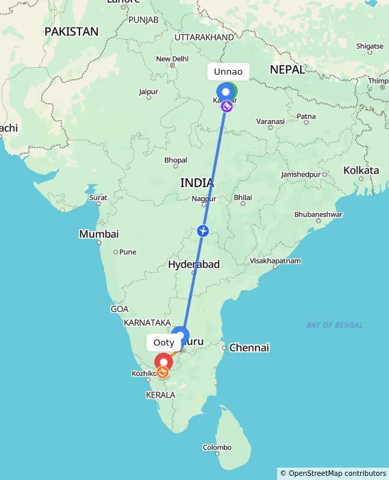 Route map showing distance and travel time from Unnao, India to Ooty, India
