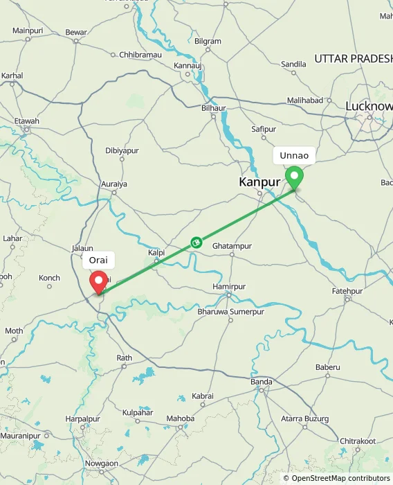 Route map showing distance and travel time from Unnao, India to Orai, India