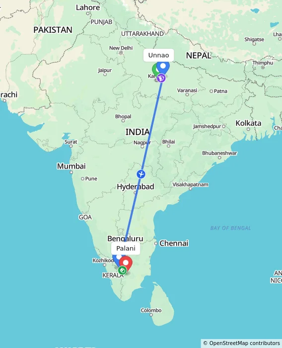 Route map showing distance and travel time from Unnao, India to Palani, India