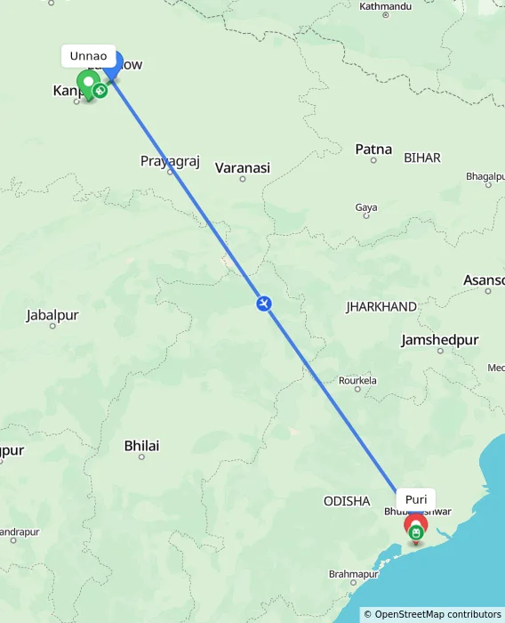 Route map showing distance and travel time from Unnao, India to Puri, India