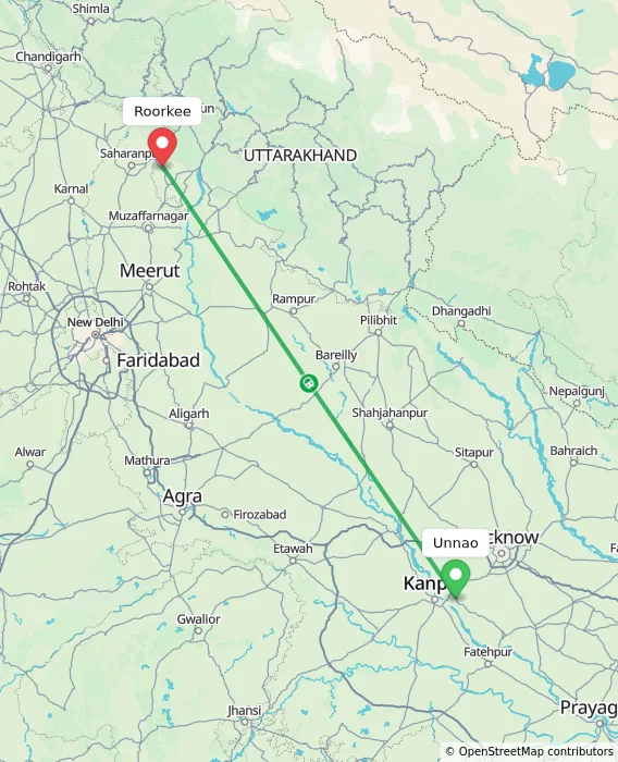 Route map showing distance and travel time from Unnao, India to Roorkee, India