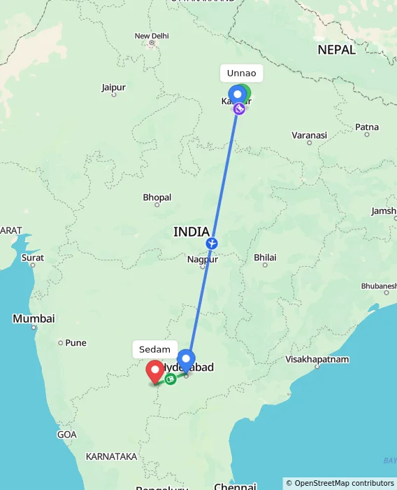 Route map showing distance and travel time from Unnao, India to Sedam, India