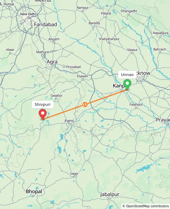 Route map showing distance and travel time from Unnao, India to Shivpuri, India
