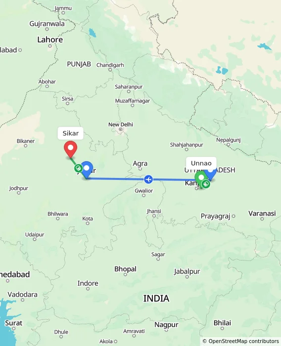 Route map showing distance and travel time from Unnao, India to Sikar, India