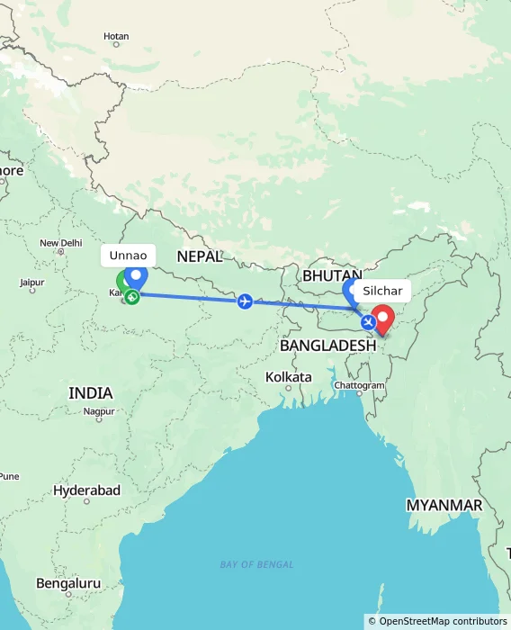 Route map showing distance and travel time from Unnao, India to Silchar, India