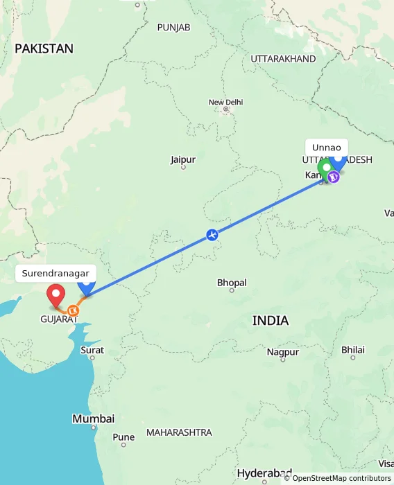 Route map showing distance and travel time from Unnao, India to Surendranagar, India