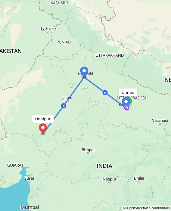 Route map showing distance and travel time from Unnao, India to Udaipur, India