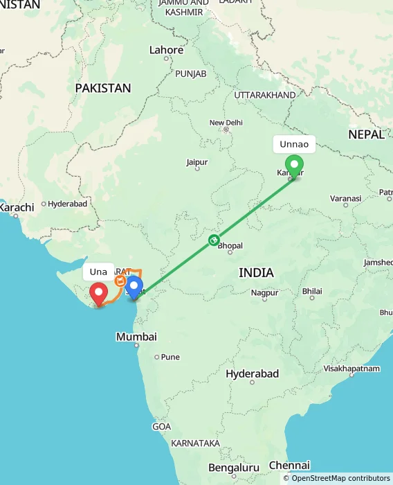 Route map showing distance and travel time from Unnao, India to Una, India