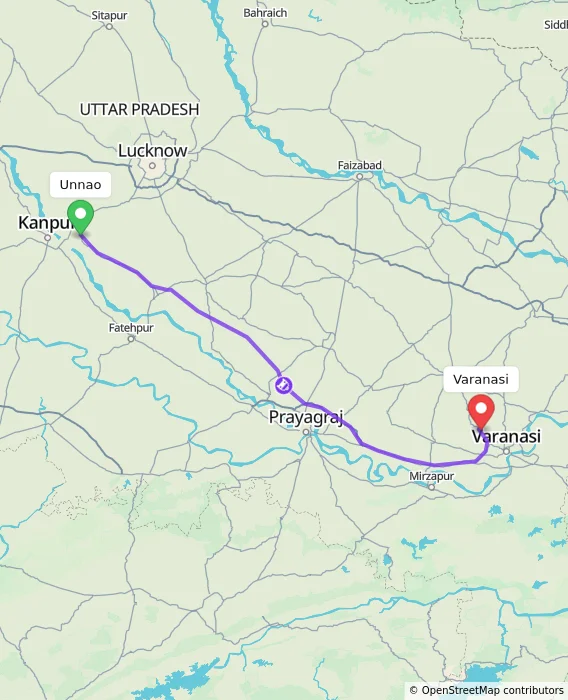 Route map showing distance and travel time from Unnao, India to Varanasi, India