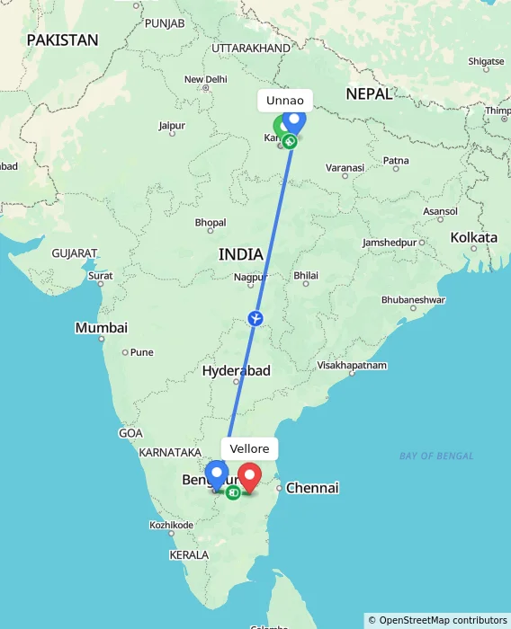 Route map showing distance and travel time from Unnao, India to Vellore, India