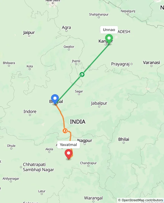 Route map showing distance and travel time from Unnao, India to Yavatmal, India