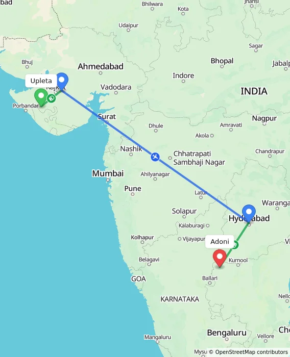 Route map showing distance and travel time from Upleta, India to Adoni, India