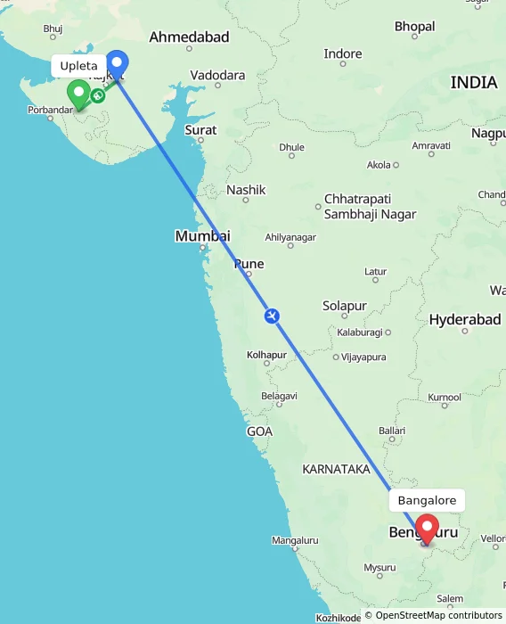 Route map showing distance and travel time from Upleta, India to Bangalore, India