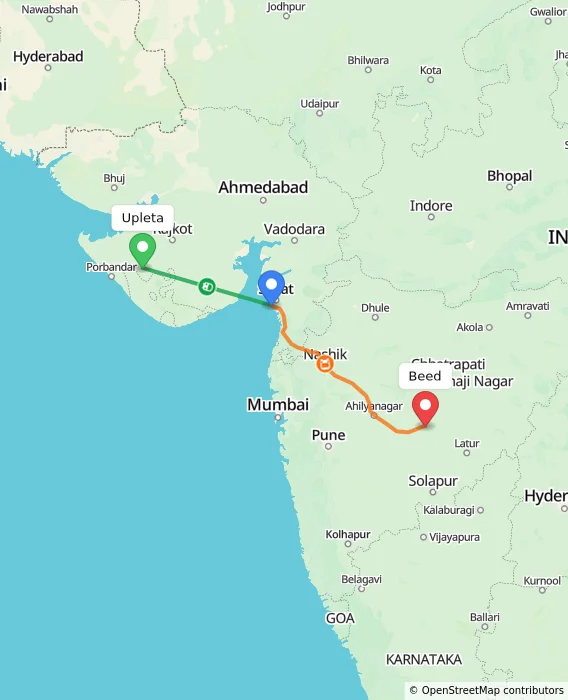 Route map showing distance and travel time from Upleta, India to Beed, India
