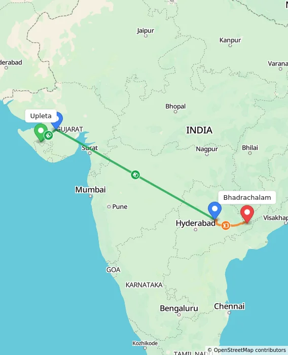 Route map showing distance and travel time from Upleta, India to Bhadrachalam, India