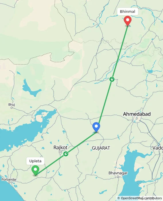 Route map showing distance and travel time from Upleta, India to Bhinmal, India