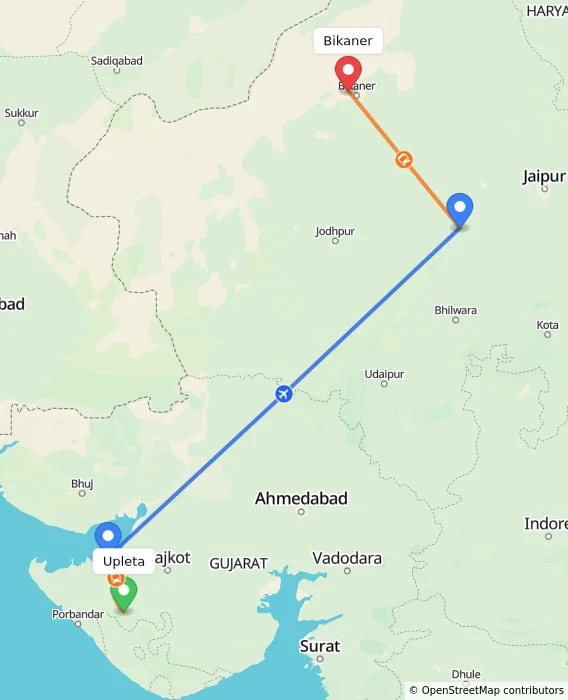 Route map showing distance and travel time from Upleta, India to Bikaner, India