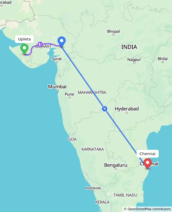 Route map showing distance and travel time from Upleta, India to Chennai, India