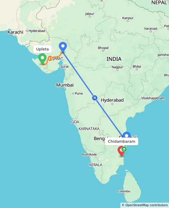 Route map showing distance and travel time from Upleta, India to Chidambaram, India