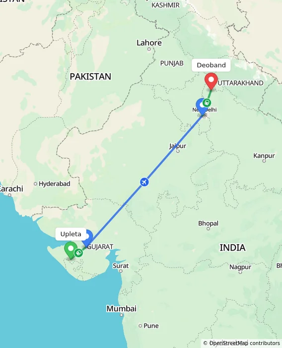 Route map showing distance and travel time from Upleta, India to Deoband, India