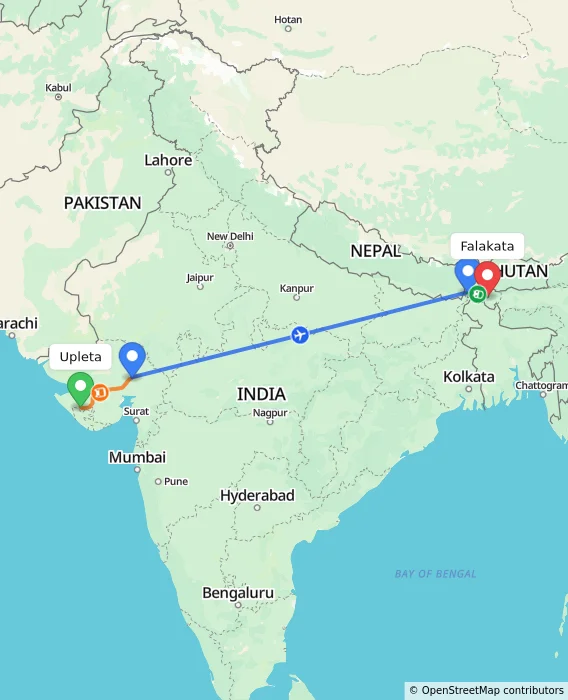 Route map showing distance and travel time from Upleta, India to Falakata, India