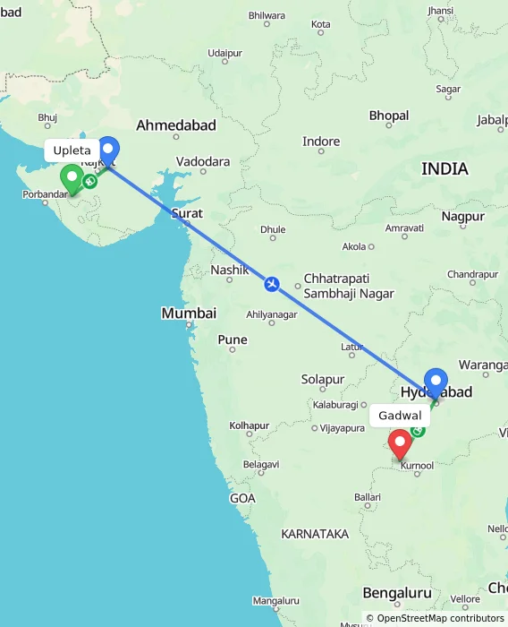 Route map showing distance and travel time from Upleta, India to Gadwal, India