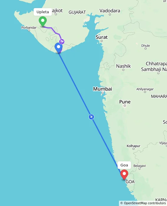 Route map showing distance and travel time from Upleta, India to Goa, India