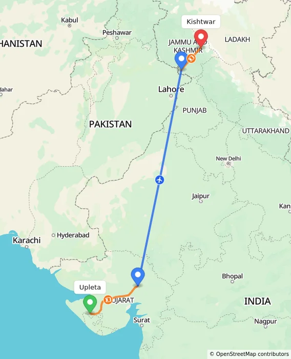 Route map showing distance and travel time from Upleta, India to Kishtwar, India