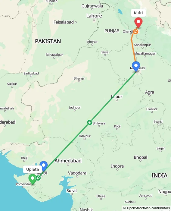 Route map showing distance and travel time from Upleta, India to Kufri, India