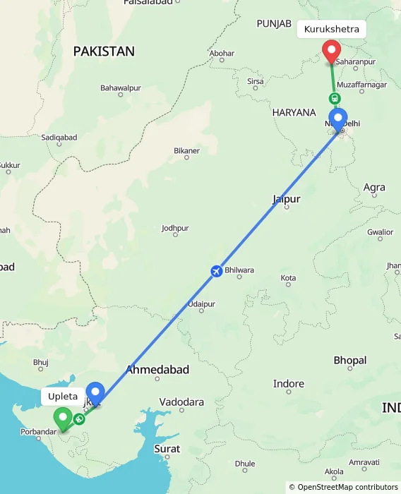 Route map showing distance and travel time from Upleta, India to Kurukshetra, India
