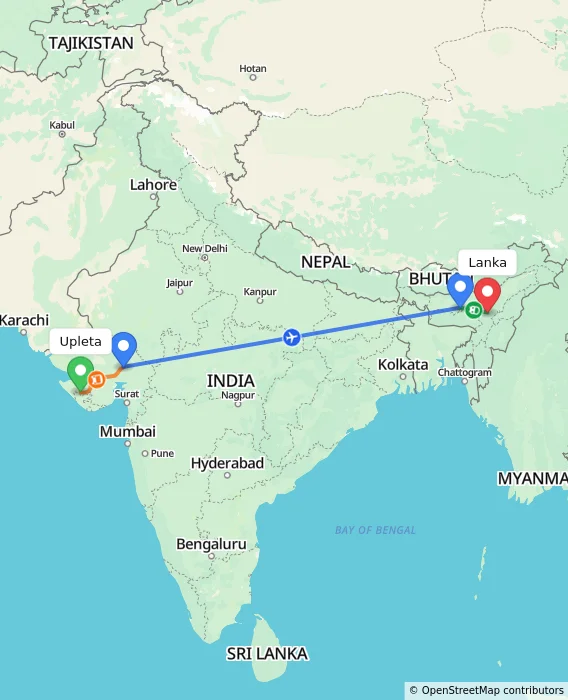 Route map showing distance and travel time from Upleta, India to Lanka, India