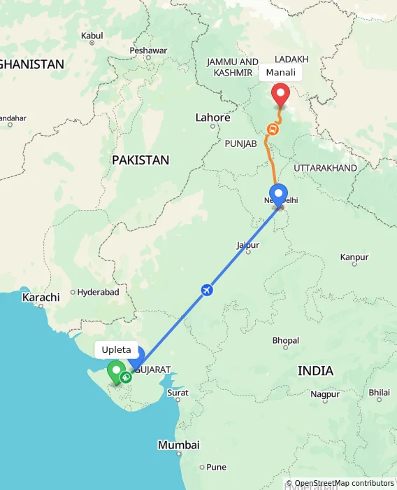 Route map showing distance and travel time from Upleta, India to Manali, India