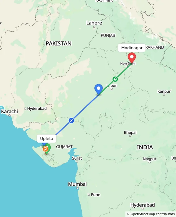 Route map showing distance and travel time from Upleta, India to Modinagar, India