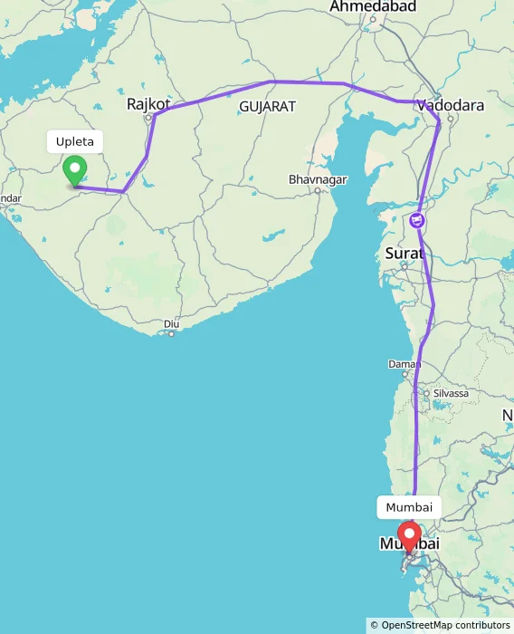 Route map showing distance and travel time from Upleta, India to Mumbai, India