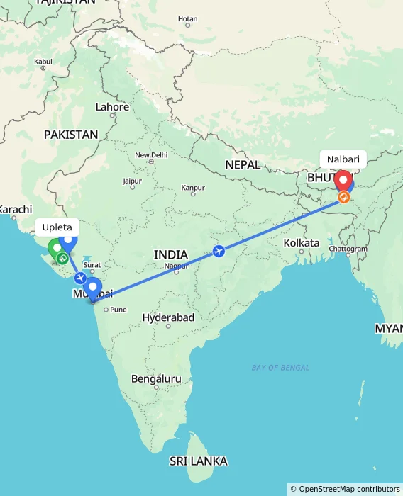 Route map showing distance and travel time from Upleta, India to Nalbari, India
