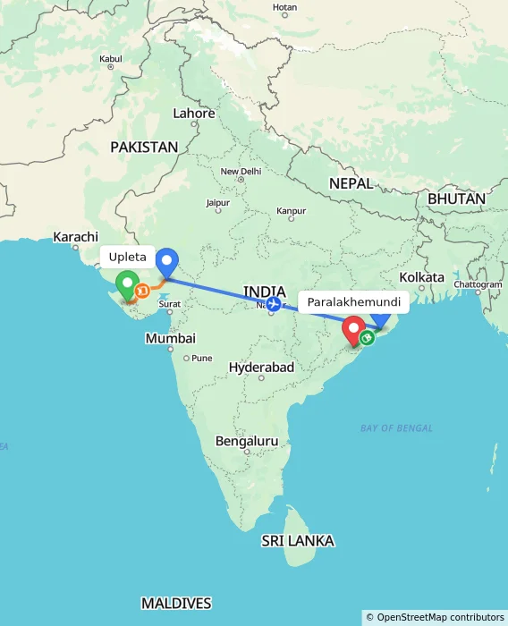 Route map showing distance and travel time from Upleta, India to Paralakhemundi, India