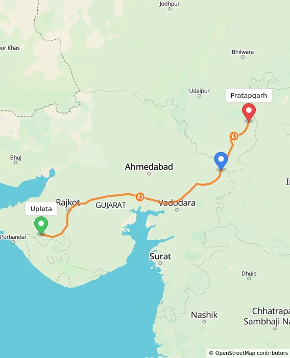 Route map showing distance and travel time from Upleta, India to Pratapgarh, India