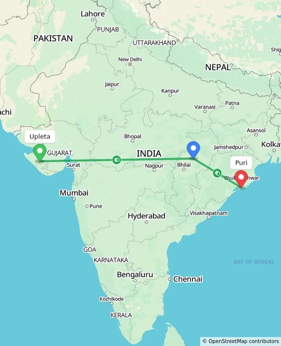 Route map showing distance and travel time from Upleta, India to Puri, India