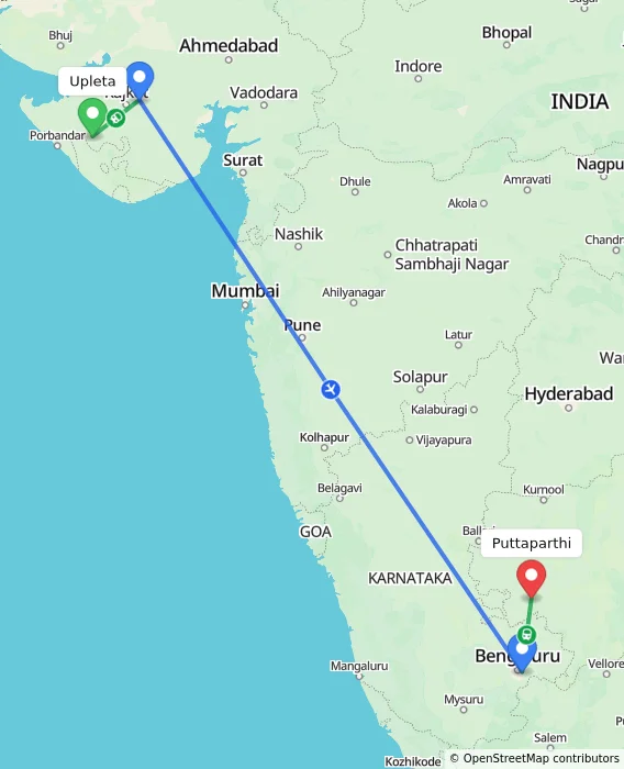 Route map showing distance and travel time from Upleta, India to Puttaparthi, India