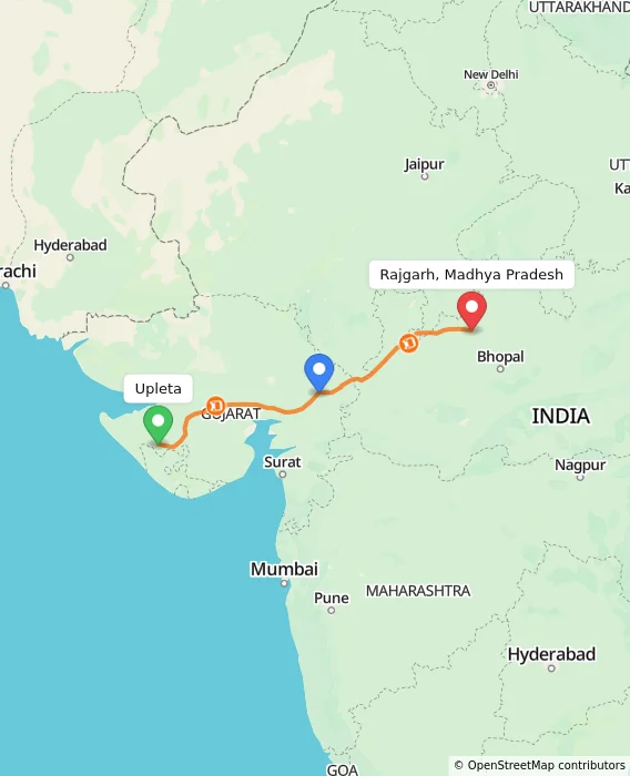 Route map showing distance and travel time from Upleta, India to Rajgarh, Madhya Pradesh, India
