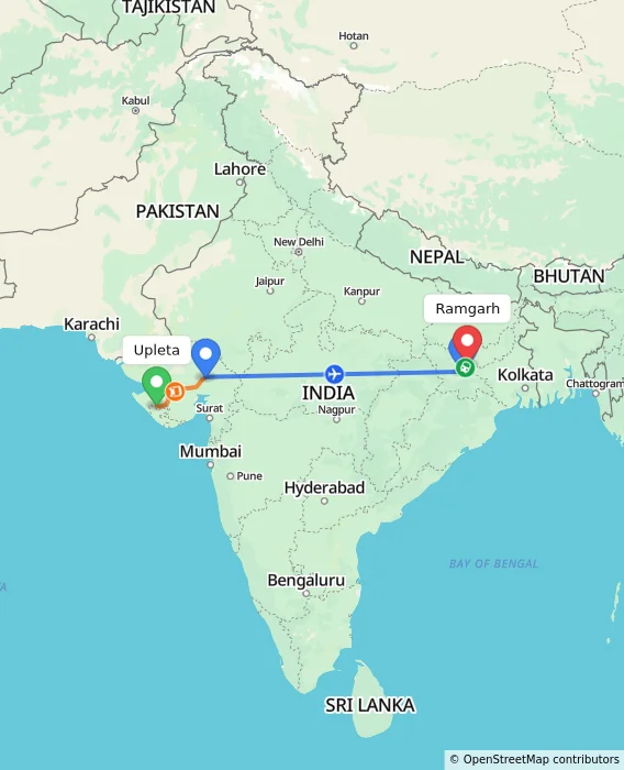 Route map showing distance and travel time from Upleta, India to Ramgarh, India