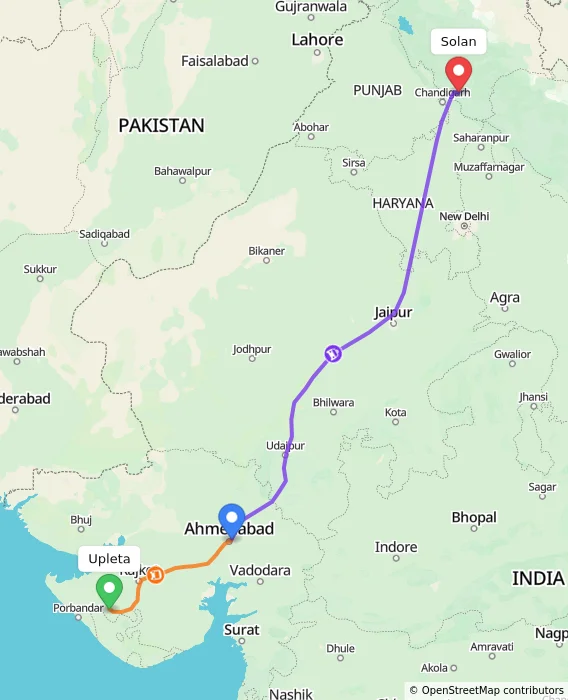 Route map showing distance and travel time from Upleta, India to Solan, India